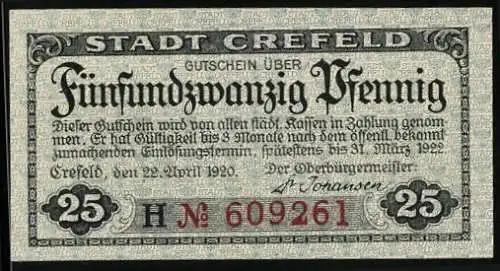 Notgeld Crefeld 1920, 25 Pfennig, Deuss-Tempel im Stadtwald, Seriennummer 609261, Wappen