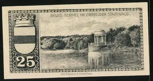 Notgeld Crefeld 1920, 25 Pfennig, Deuss-Tempel im Stadtwald, Seriennummer 609261, Wappen