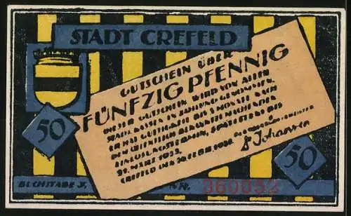 Notgeld Crefeld, 50 Pfennig, Mann mit Bart, Seriennummer 360052, Stadtwappen