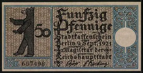 Notgeld Berlin-Tiergarten 1921, 50 Pfennig, Dampfschiff Linie Zelten-Charlottenburg um 1830, Berliner Bär, Nr. 657498