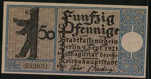 Notgeld Berlin-Wedding 1921, 50 Pfennig, Gesundbrunnen 1760, Bär und Seriennummer 253631