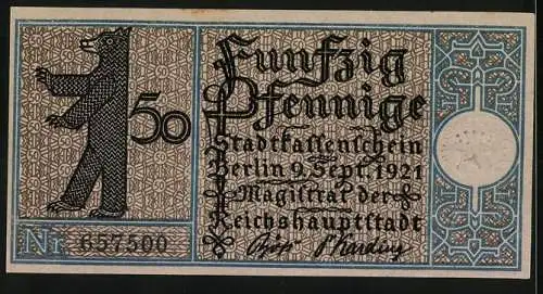 Notgeld Berlin-Prenzlauer Berg 1921, 50 Pfennig, Windmühle / Mühlenlandschaft und Berliner Bär, Nr. 657500