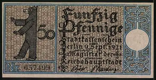 Notgeld Berlin-Friedrichshain 1921, 50 Pfennig, Überfahrt zum Stralauer Fischzug 1825, Berliner Bär, Nr. 67191