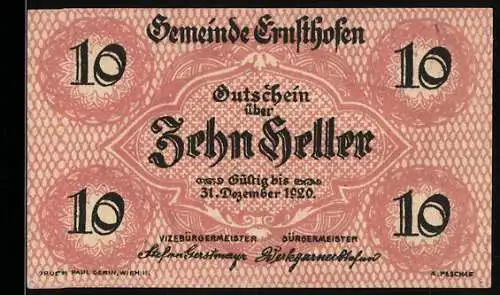 Notgeld Ernsthofen 1920, 10 Heller, Kirche und dekoratives Muster