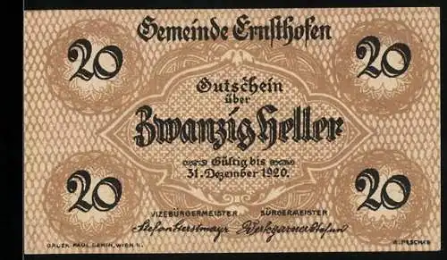 Notgeld Ernsthofen 1920, 20 Heller, Kirche und dekoratives Muster