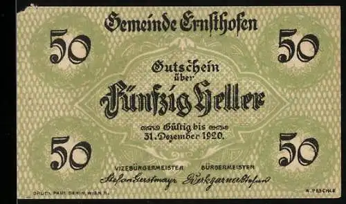 Notgeld Ernsthofen 1920, 50 Heller, Kirche im Grünen, Gültig bis 31. Dezember 1920