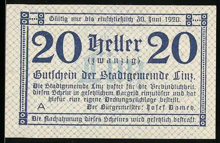 Notgeld Linz 1920, 20 Heller, Gutschein der Stadtgemeinde Linz mit Text und Verzierung