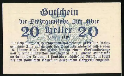 Notgeld Linz 1920, 20 Heller, Gutschein der Stadtgemeinde Linz mit Text und Verzierung