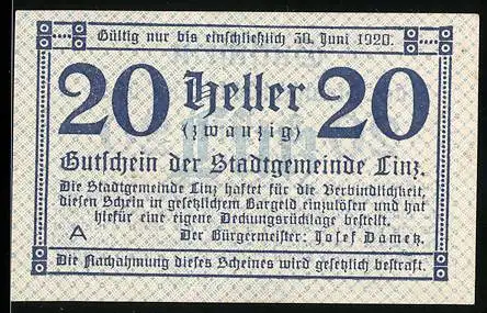 Notgeld Linz 1920, 20 Heller, Gutschein der Stadtgemeinde Linz, Textmotiv mit Gültigkeitsdatum