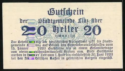 Notgeld Linz 1920, 20 Heller, Gutschein der Stadtgemeinde Linz, Textmotiv mit Gültigkeitsdatum