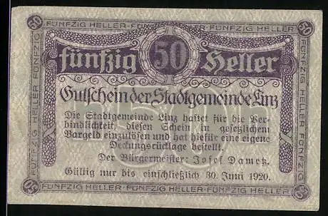 Notgeld Linz 1920, 50 Heller, violette Schrift, Text mit Gültigkeitsdatum bis 30. Juni 1920