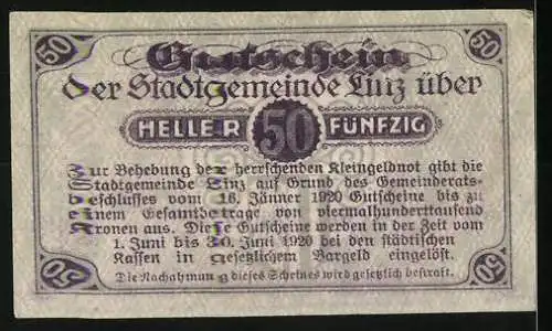 Notgeld Linz 1920, 50 Heller, violette Schrift, Text mit Gültigkeitsdatum bis 30. Juni 1920
