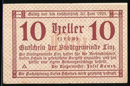 Notgeld Linz 1920, 10 Heller, Gutschein der Stadtgemeinde Linz, gültig bis 30. Juni 1920