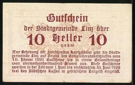 Notgeld Linz 1920, 10 Heller, Gutschein der Stadtgemeinde Linz, gültig bis 30. Juni 1920