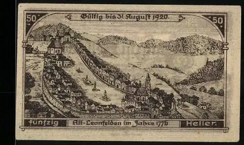 Notgeld Leonfelden 1920, 50 Heller, Stadtansicht 1776, Kirche und Turm, gültig bis 31. August 1920