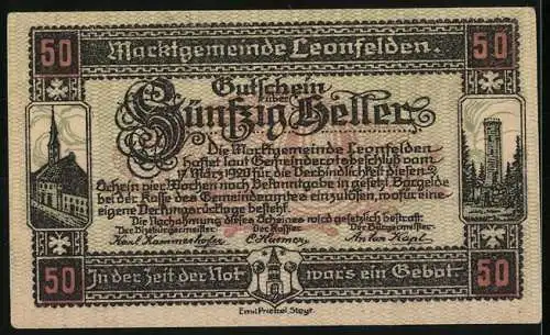 Notgeld Leonfelden 1920, 50 Heller, Stadtansicht 1776, Kirche und Turm, gültig bis 31. August 1920