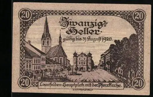 Notgeld Leonfelden 1920, 20 Heller, Hauptplatz mit Pfarrkirche, Wappen, gültig bis 1. August 1920