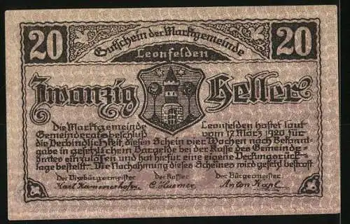 Notgeld Leonfelden 1920, 20 Heller, Hauptplatz mit Pfarrkirche, Wappen, gültig bis 1. August 1920