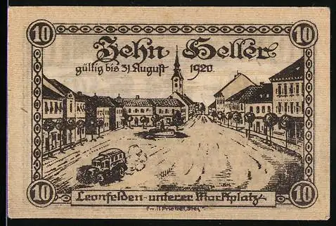 Notgeld Leonfelden 1920, 10 Heller, Unterer Marktplatz, Stadtansicht, Wappen