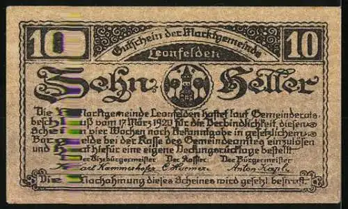 Notgeld Leonfelden 1920, 10 Heller, Unterer Marktplatz, Stadtansicht, Wappen