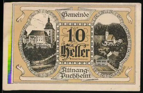 Notgeld Attnang-Puchheim 1920, 10 Heller, historische Gebäude und Landschaft