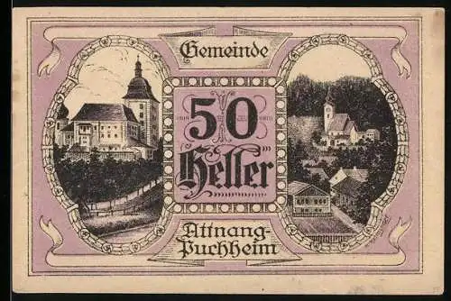 Notgeld Attnang-Puchheim 1920, 50 Heller, Gebäudeansichten, Gemeindestempel, violette Verzierung