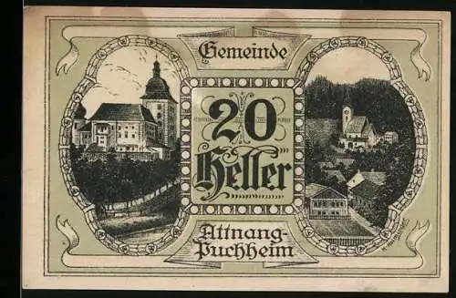 Notgeld Attnang-Puchheim 1920, 20 Heller, Stadtansichten mit Kirche und Gebäuden, Seriennummer und Verzierung