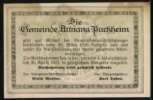 Notgeld Attnang-Puchheim 1920, 20 Heller, Stadtansichten mit Kirche und Gebäuden, Seriennummer und Verzierung