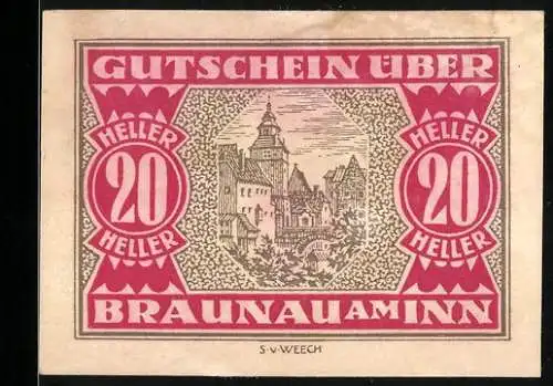 Notgeld Braunau am Inn, 20 Heller, Stadtszene und Wappen, 1918