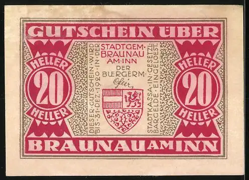 Notgeld Braunau am Inn, 20 Heller, Stadtszene und Wappen, 1918