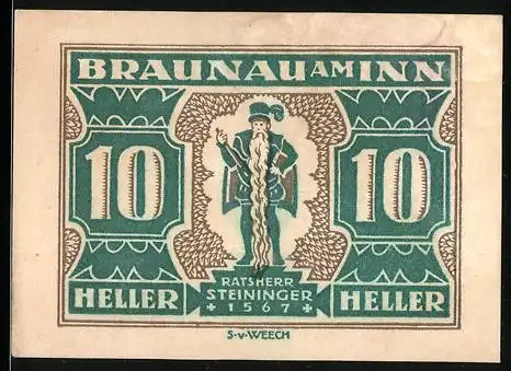 Notgeld Braunau am Inn, 10 Heller, Ratsherr Steininger 1567, Stadtwappen