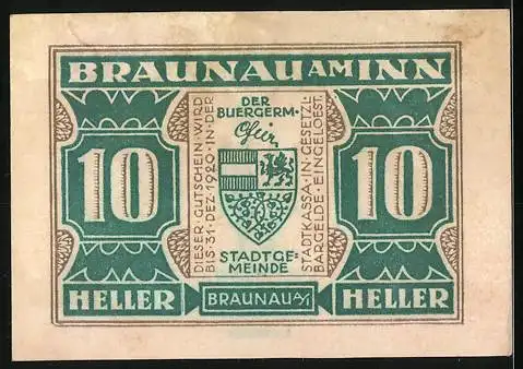 Notgeld Braunau am Inn, 10 Heller, Ratsherr Steininger 1567, Stadtwappen