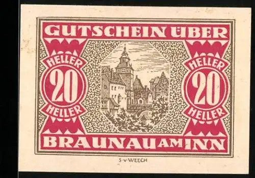 Notgeld Braunau am Inn, 20 Heller, Stadtansicht mit Wappen und Inschrift