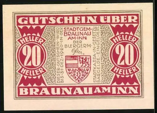 Notgeld Braunau am Inn, 20 Heller, Stadtansicht mit Wappen und Inschrift