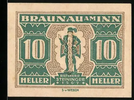 Notgeld Braunau am Inn, 10 Heller, Ratsmann Steininger 1567, Wappen und Text