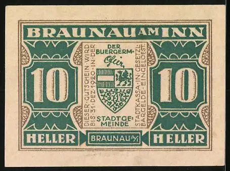 Notgeld Braunau am Inn, 10 Heller, Ratsmann Steininger 1567, Wappen und Text