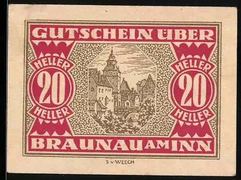 Notgeld Braunau am Inn 1920, 20 Heller, Stadtansicht und Wappen