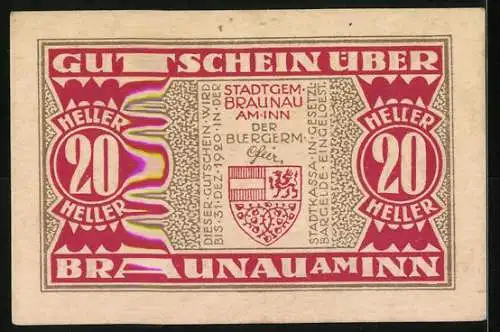 Notgeld Braunau am Inn 1920, 20 Heller, Stadtansicht und Wappen
