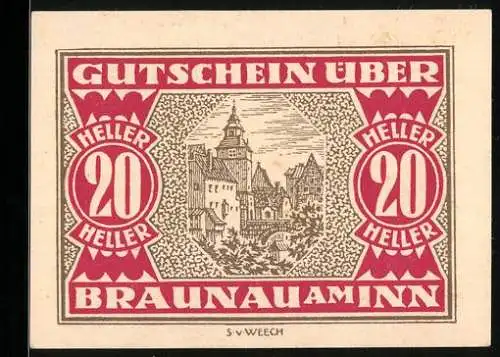 Notgeld Braunau am Inn 1920, 20 Heller, Stadtansicht und Wappen, Seriennummer S-V-WEECH