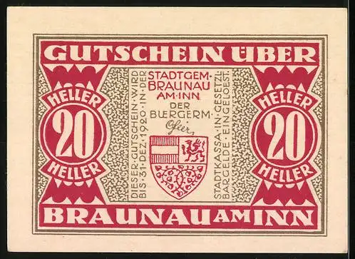 Notgeld Braunau am Inn 1920, 20 Heller, Stadtansicht und Wappen, Seriennummer S-V-WEECH