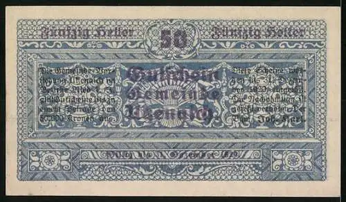 Notgeld Utzenaich, 50 Heller, Schloss Arnswalde mit dekorativem Rahmen und Text