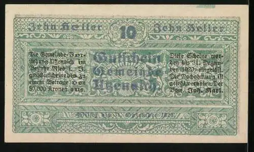 Notgeld Utzenaich 1920, 10 Heller, Schloss Utzenaich mit kunstvoller Umrandung