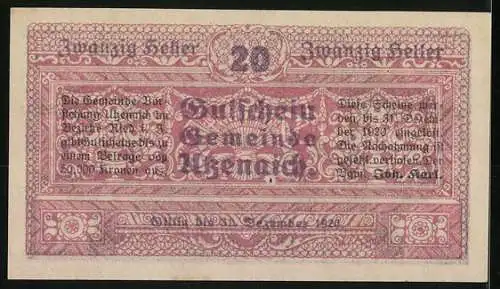 Notgeld Utzenaich 1921, 20 Heller, Schloss Utzenaich, dekoratives Muster