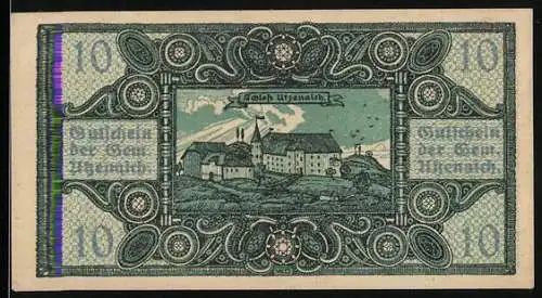 Notgeld Utzenaich 1920, 10 Heller, Schlossansicht mit dekorativem Rahmen