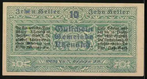 Notgeld Utzenaich 1920, 10 Heller, Schlossansicht mit dekorativem Rahmen