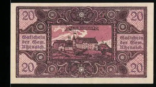 Notgeld Utzenaich 1921, 20 Heller, Schloss Utzenaich, kunstvolles Ornamentdesign