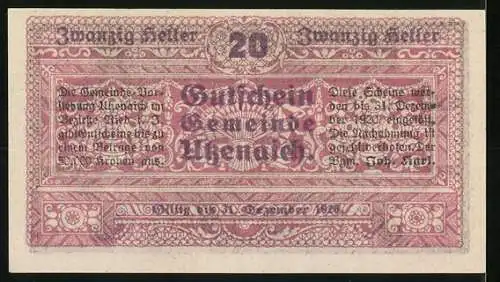 Notgeld Utzenaich 1921, 20 Heller, Schloss Utzenaich, kunstvolles Ornamentdesign
