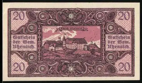 Notgeld Utzenaich 1920, 20 Heller, Schlossansicht und dekoratives Muster