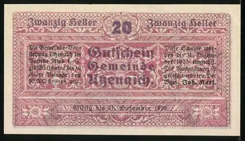 Notgeld Utzenaich 1920, 20 Heller, Schlossansicht und dekoratives Muster