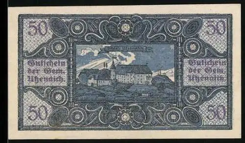 Notgeld Utzenaich 1921, 50 Heller, Schlossansicht mit dekorativem Rahmen und Ornamenten